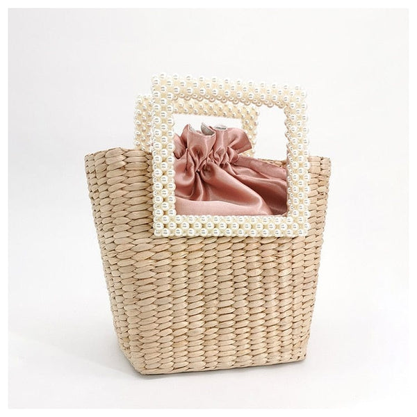 Basket bag with faux pearl online handles