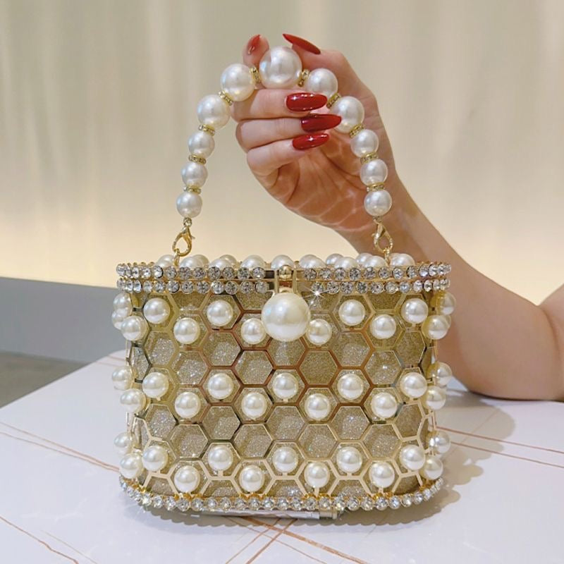 Della Pearl Beaded Honeycomb Clutch bags WAAMII   