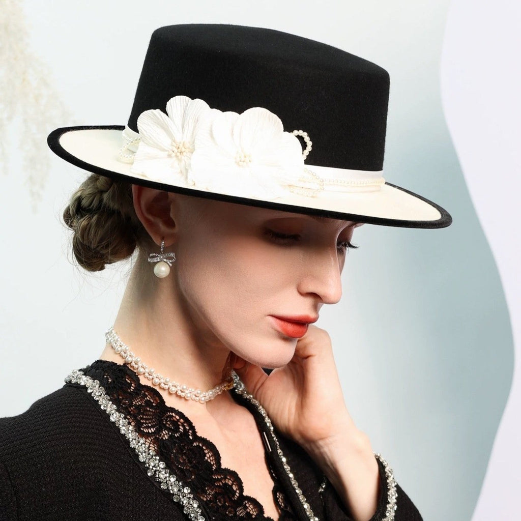 Black White Elegant Flat Brimmed Hat Wool Felt Fedoras Accessories WAAMII