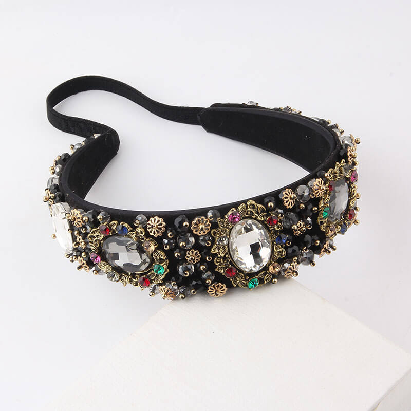 Velvet Retro Crystal Rhinestone Jeweled Headband WH305 Accessories WAAMII Black white  