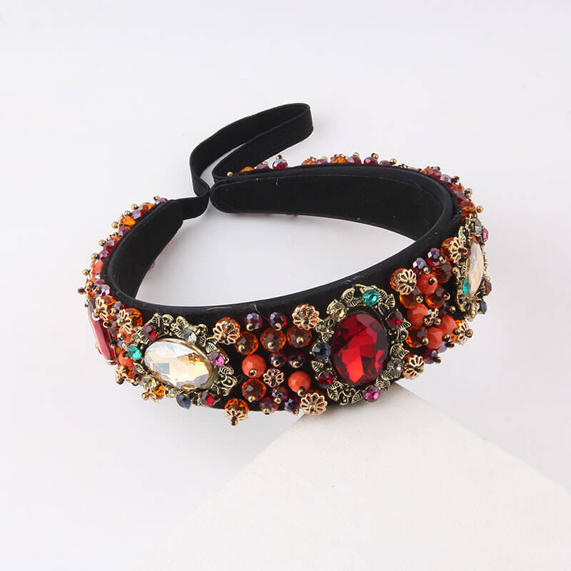 Velvet Retro Crystal Rhinestone Jeweled Headband WH305 Accessories WAAMII Red orange  