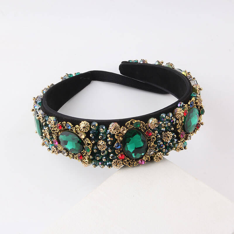 Velvet Retro Crystal Rhinestone Jeweled Headband WH305 Accessories WAAMII Green  