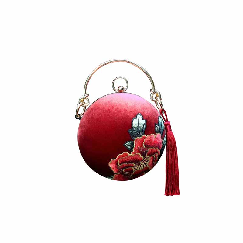 Designer Circular Velvet Evening Purse with Peony Embroidery-Maroon bags WAAMII