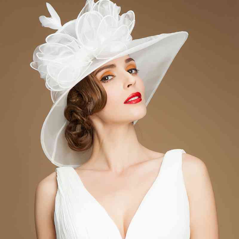 Wide Brim Women Organza Bucket Hat Fascinators Fedora Church Hat Accessories WAAMII White beige/13cm brim