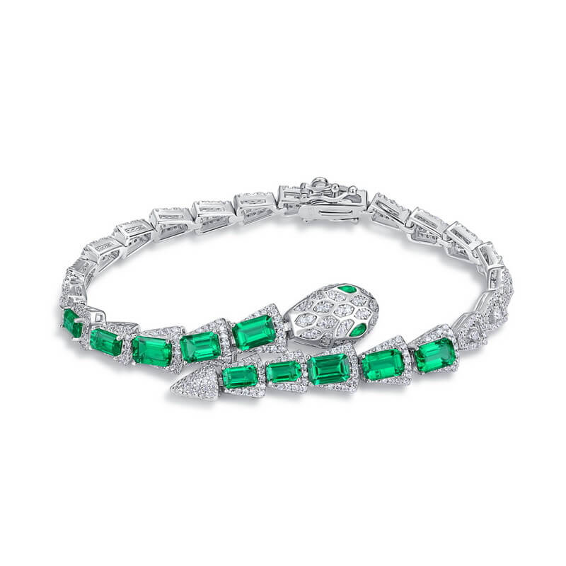 Snake Emerald 925 Sterling Silver Lab Grown Diamond High-End Handcrafted Jewelry Bracelet For Women