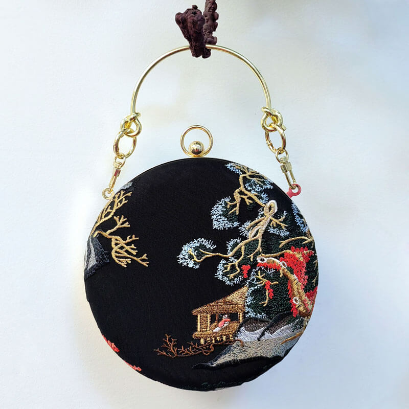 Vintage Embroidery Evening Clutch Purse-Spring Scenery-black bags WAAMII ball shape