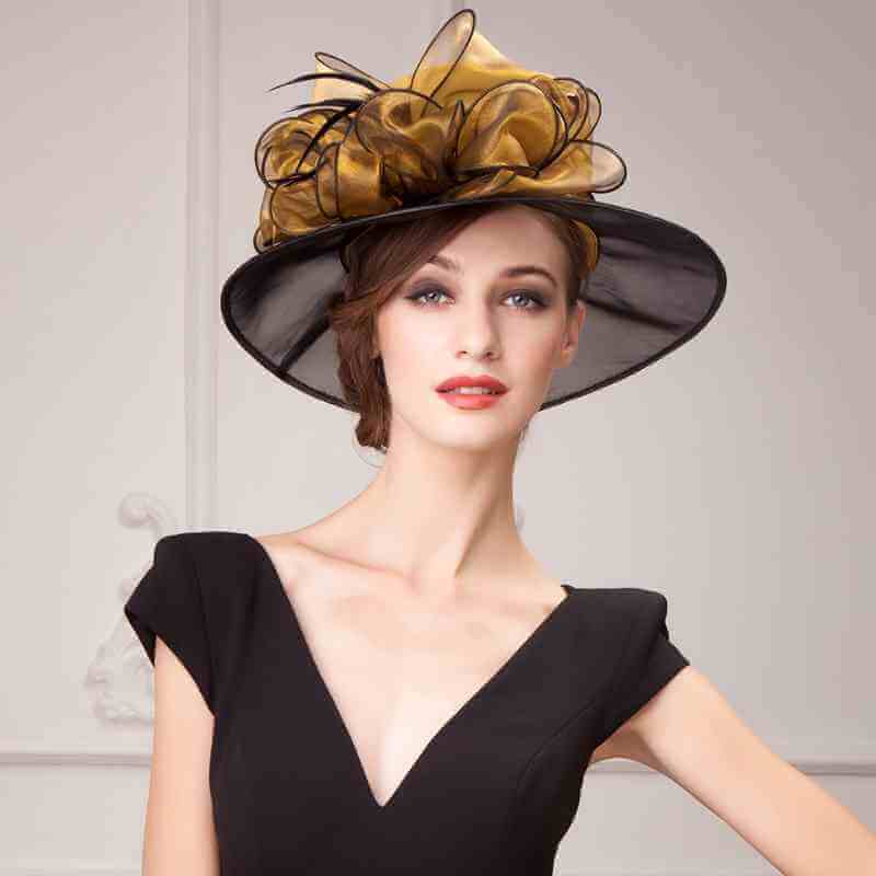 Wide Brim Women Organza Bucket Hat Fascinators Fedora Church Hat Accessories WAAMII Shiny gold black/10cm brim