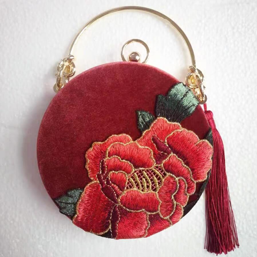 Designer Circular Velvet Evening Purse with Peony Embroidery-Maroon bags WAAMII circular shaped flat styles mini size 14.5cm(cannot hold phones)