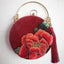 Designer Circular Velvet Evening Purse with Peony Embroidery-Maroon bags WAAMII circular shaped flat styles mini size 14.5cm(cannot hold phones)