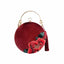 Designer Circular Velvet Evening Purse with Peony Embroidery-Maroon bags WAAMII circular shaped flat styles big size 18cm(Fits phones up to 6.1 inches）