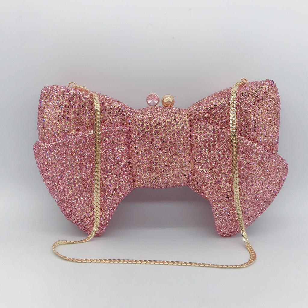 Crystal Butterfly Knot Clutch with Pearl Chain bags WAAMII Pink  