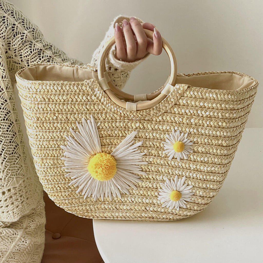 Stella Ring Handle Woven Straw Daisy Clutch bags WAAMII daisy pattern  