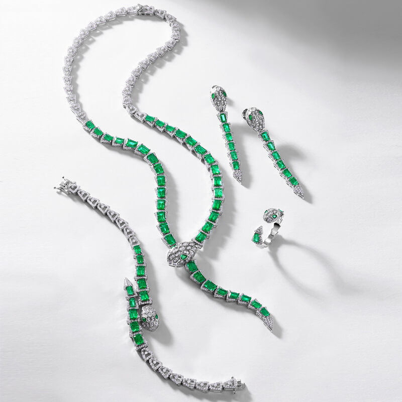 Luxury snake emerald jewelry set with lab-created diamonds