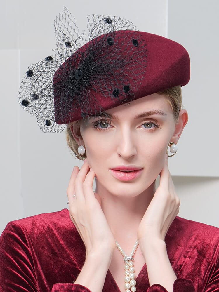100% Wool Floral Beret Hat With Veil Women's Fascinators Hat | WAAMII