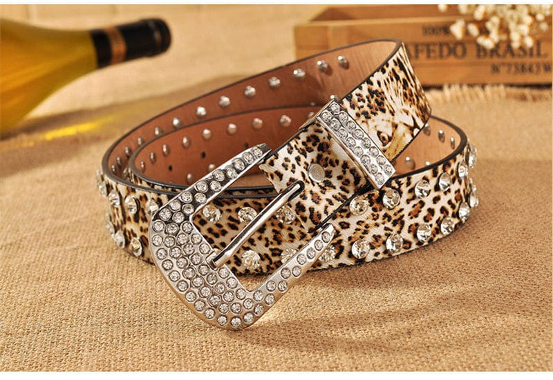 Vintage Cast Brass Belt Buckle Leopard Cheetah Cat with Rhinestone