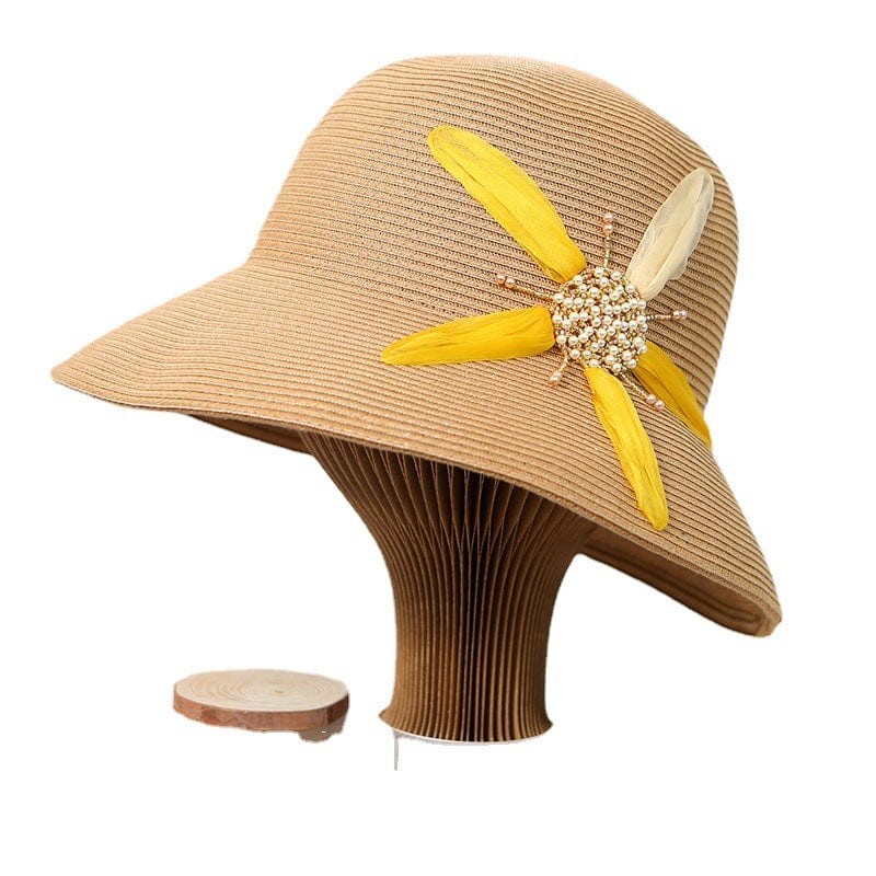 Handmade Packable Silk Floral Straw Hats Summer Caps Beach Hat-WCM011, Beige