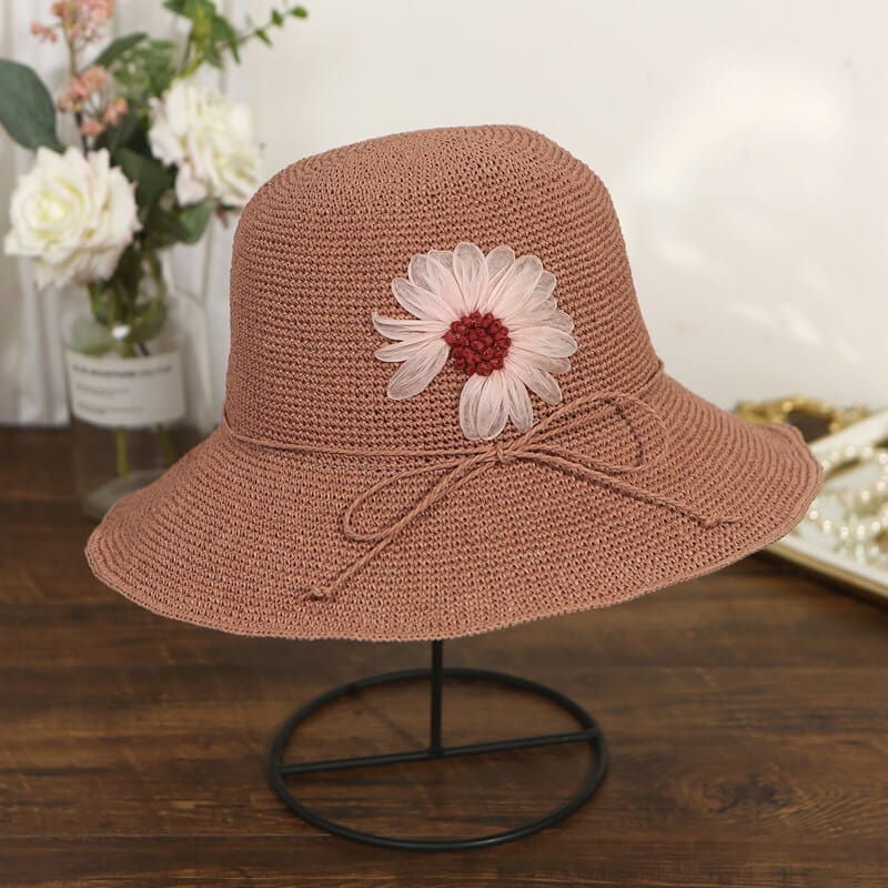 Handmade Silk Embroidered Daisy Woven Summer Straw Hat for Lady-WCM084, Dark Pink