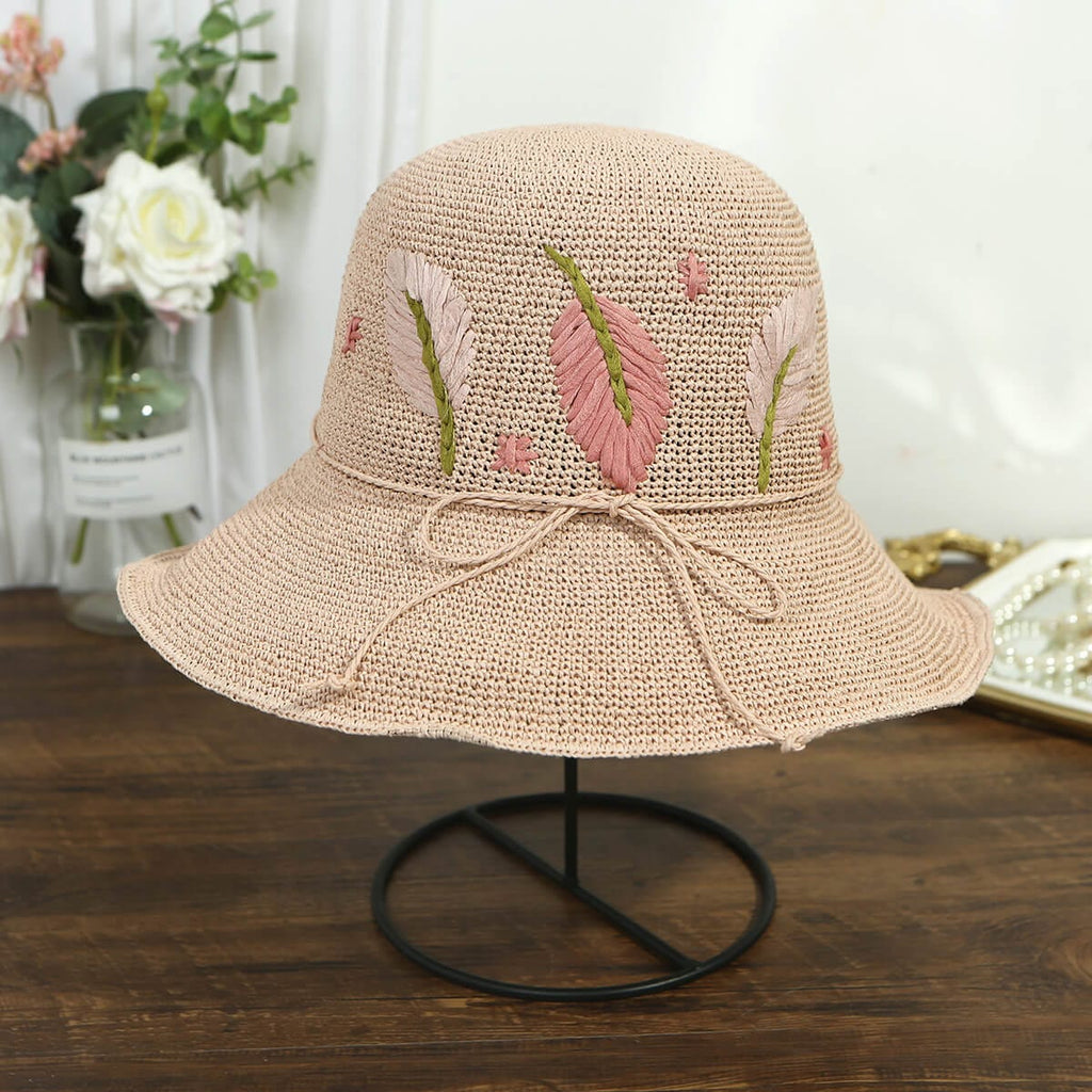 Handmade Silk Floral Embroidered Woven Straw Hat-WCM072, Camel