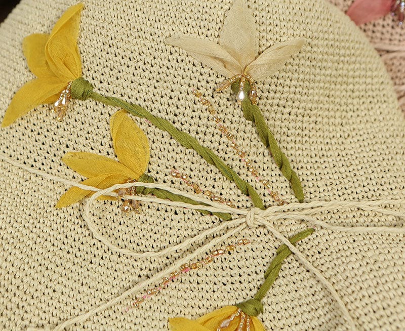 Handmade Silk Floral Embroidered Woven Straw Hat-WCM083, Beige