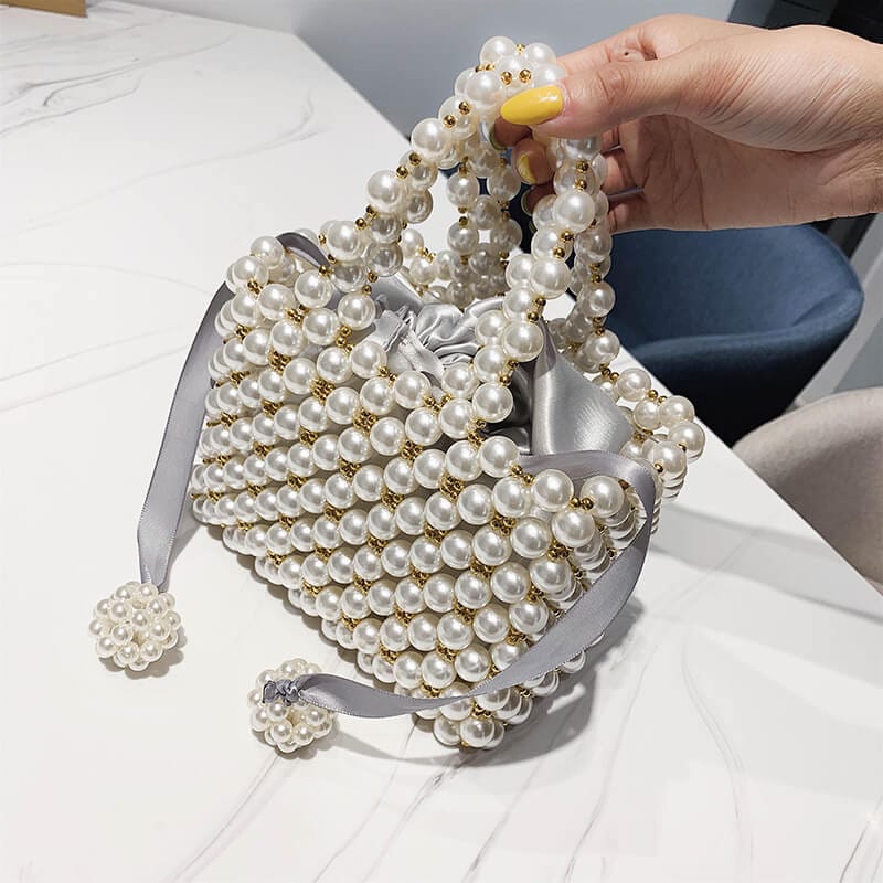 Women Silver Bead Handle Evening Clutch Bag Designer Glitter