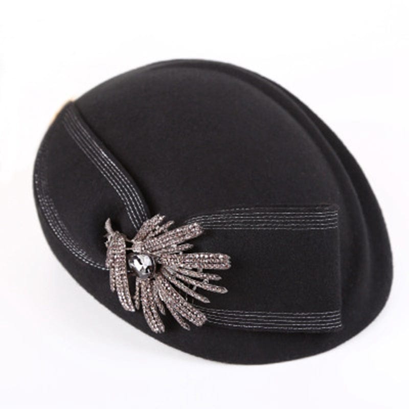 Ladies Simple Wool With Bowknot Rhinestone Beret Hat-Black Accessories WAAMII   