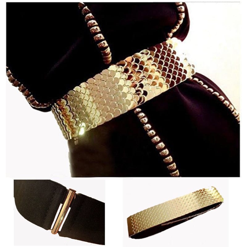 Luxury Gold/Silver Elastic Wide Black Metal Belt For Women