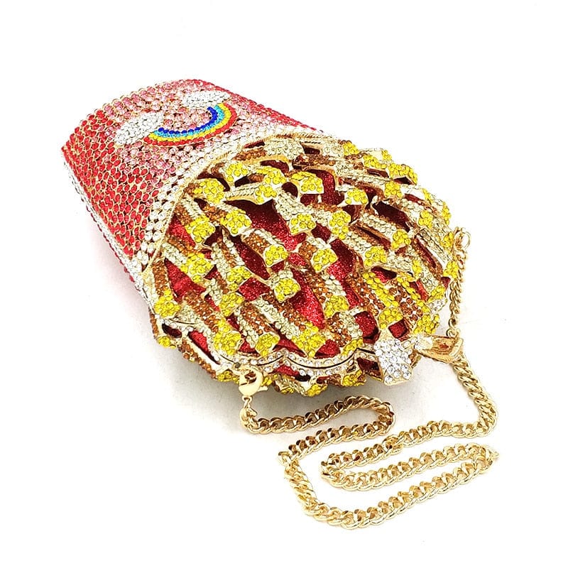 Pink Fries Chips Design Rhinestone Clutch Bag, Luxury Metal