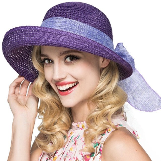 Packable Sun Hat for Women Wide Brimmed Natural Straw Hat with Butterfly Knot, Purple