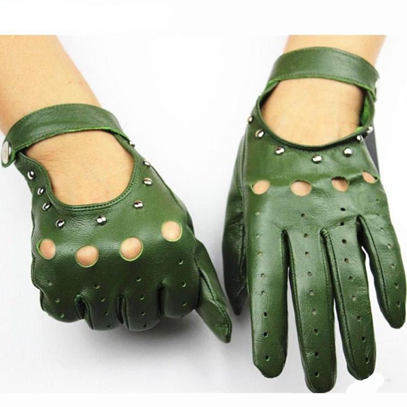 Elegant Women's Genuine Lambskin Leather Wrist Gloves with Metal Pendants  Black